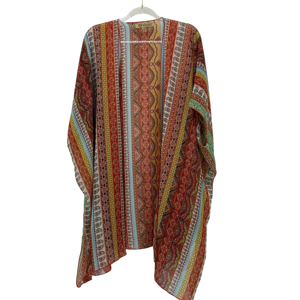 Democracy Womens Medium Kimono Cardigan Multi Color Paisley Stripe Boho Cover Up